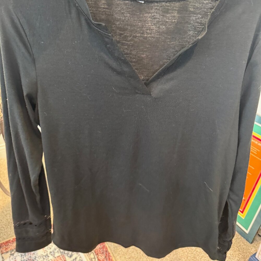 Black, V Neck, Long Sleeve Tee with Embroidery on Wrists
